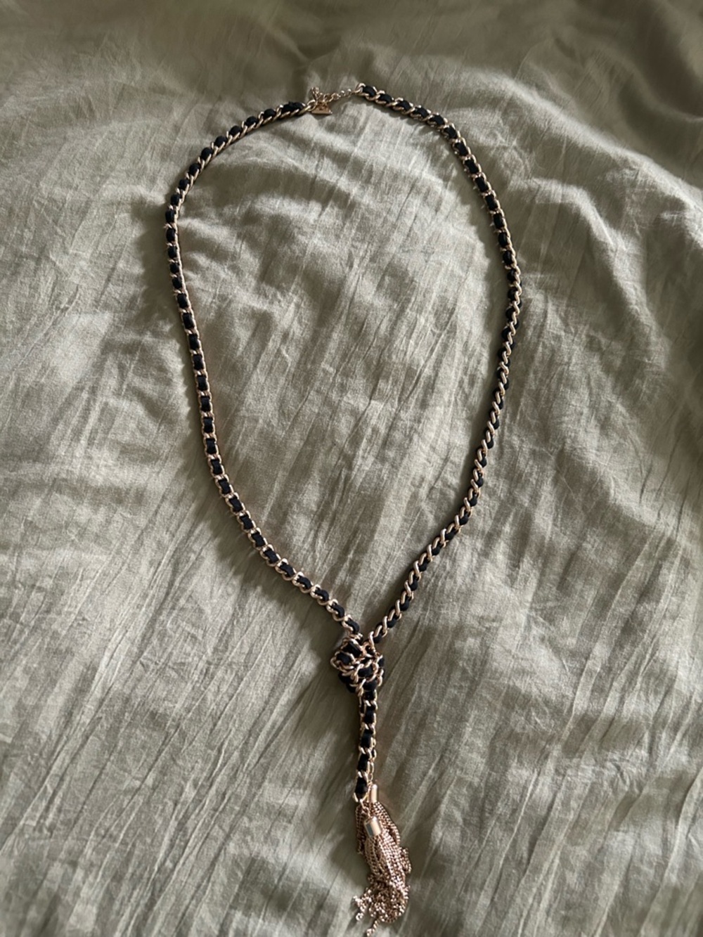 Guess Gold-Tone and Black Braided Chain Necklace with Tassel